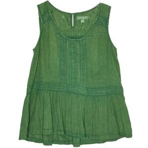 April Cornell S Womens 100% Cotton Washed Green Sleeveless Top Floral Lace